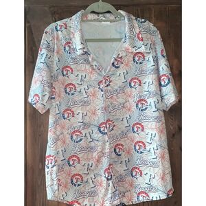 Texas Rangers Button Up Hawaiian Shirt Men's M Stadium MLB Red White Blue EUC